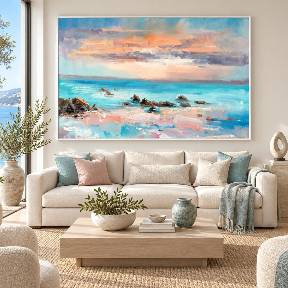 Sunset Beach in a white floating frame above a contemporary coastal sofa