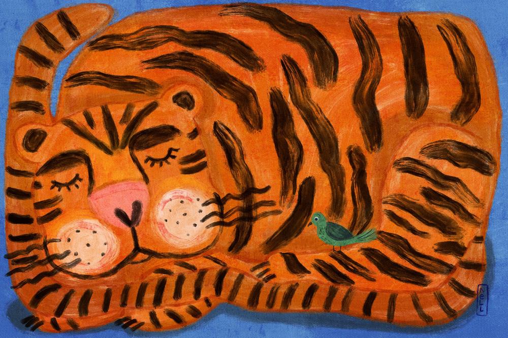 Sweet Sleeping Tiger-by-Dirkie Nell-wall-art-print-canvas-poster-framed-Gioia