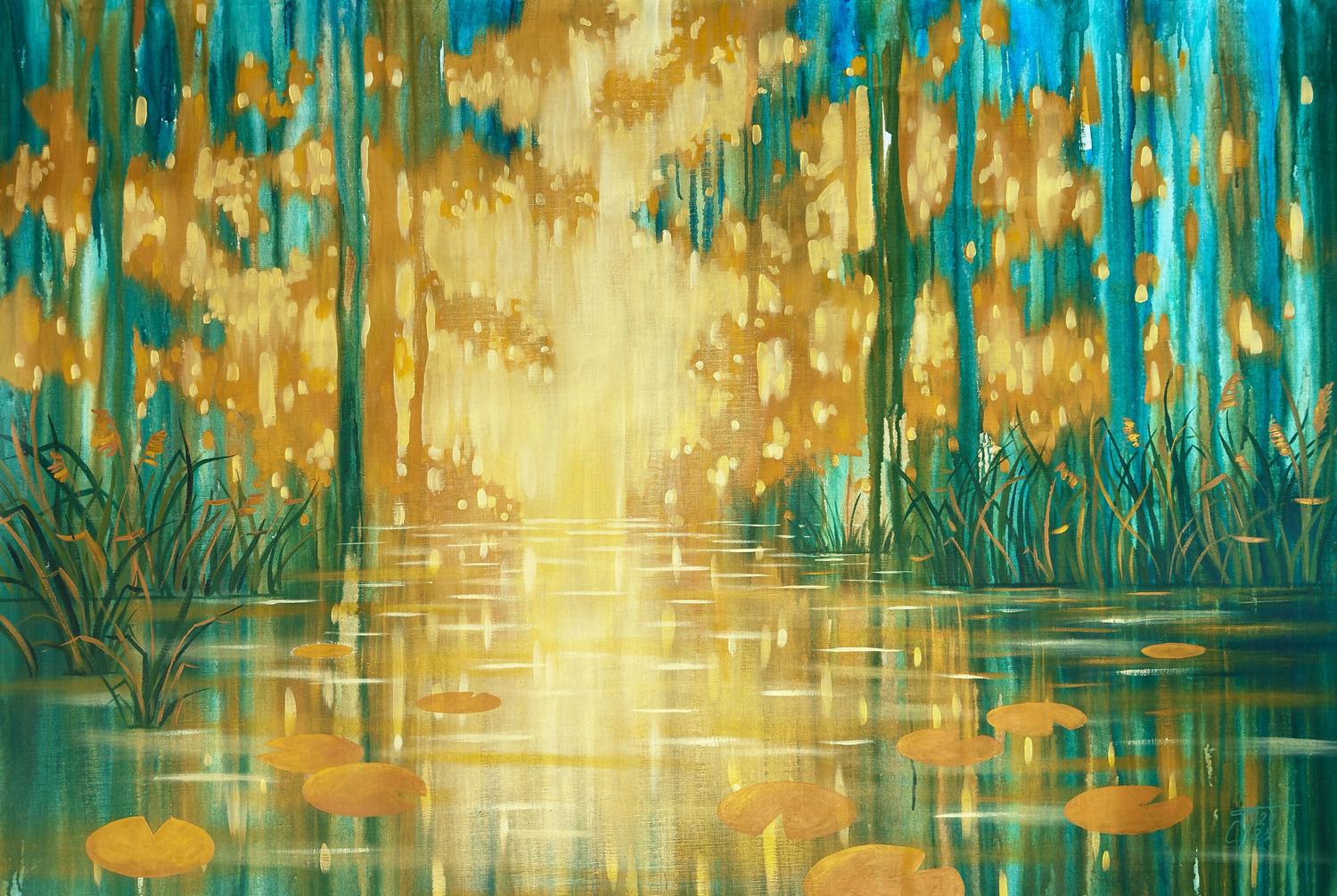 Golden-Emerald Forest Pond, Original Hand-painted Canvas by Ekaterina Prisich