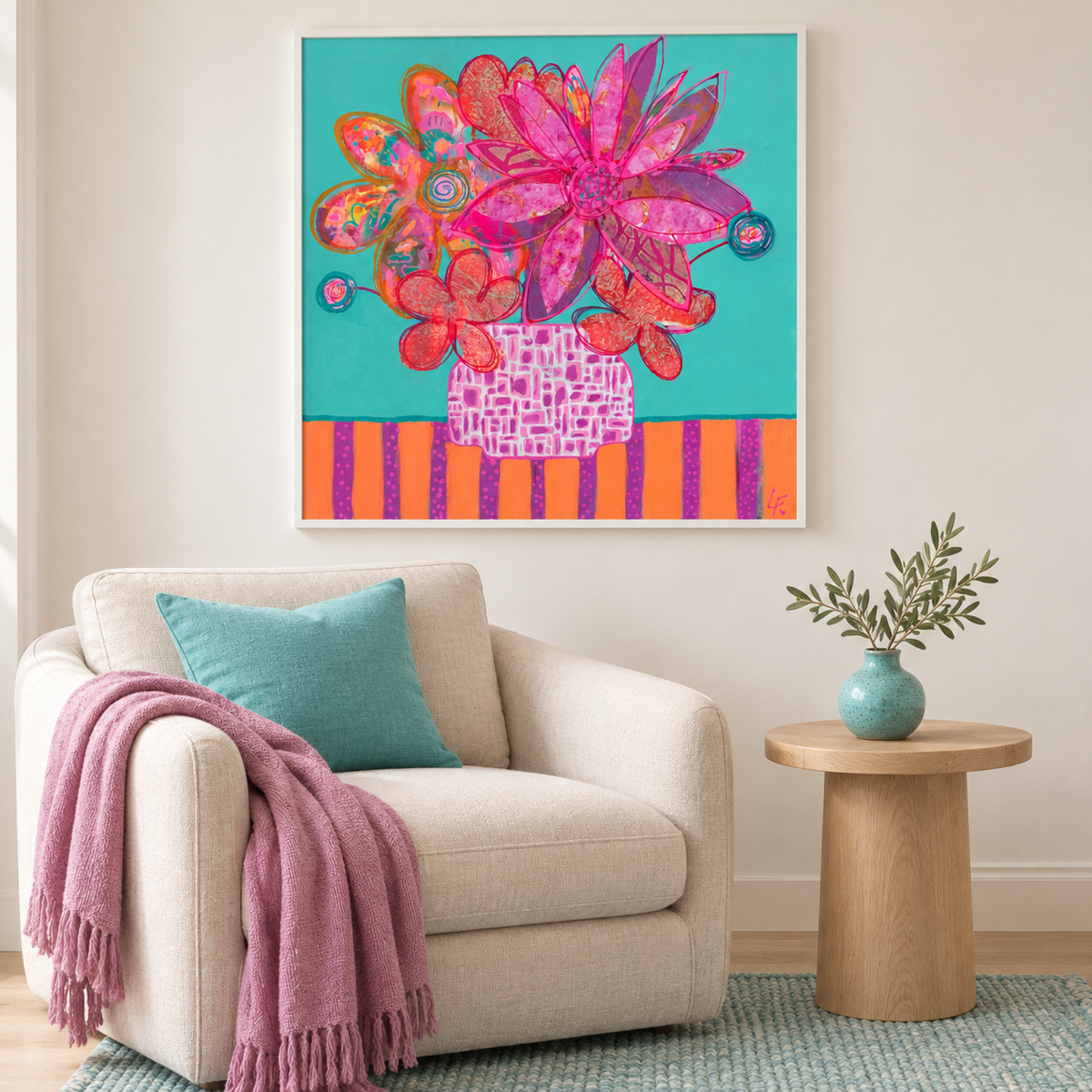 Tabitha by Lindy Farley in a white frame above a cream armchair with turquoise and orchid pink textiles.