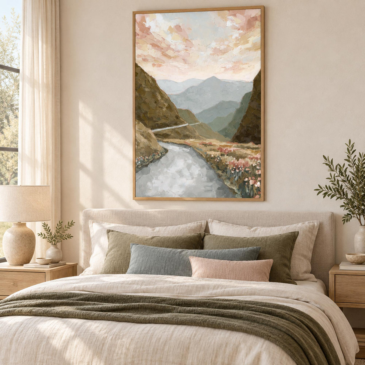 Take Me Home wall art styled in a warm contemporary bedroom with no mat border