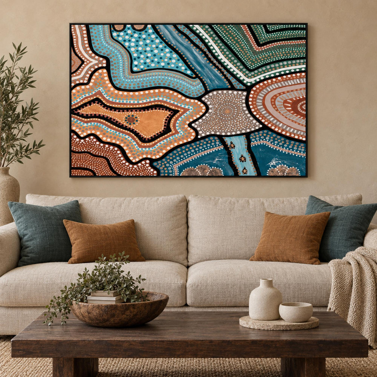 The Dreaming, Style B, Shades Of Amber And Teal styled in a contemporary living room