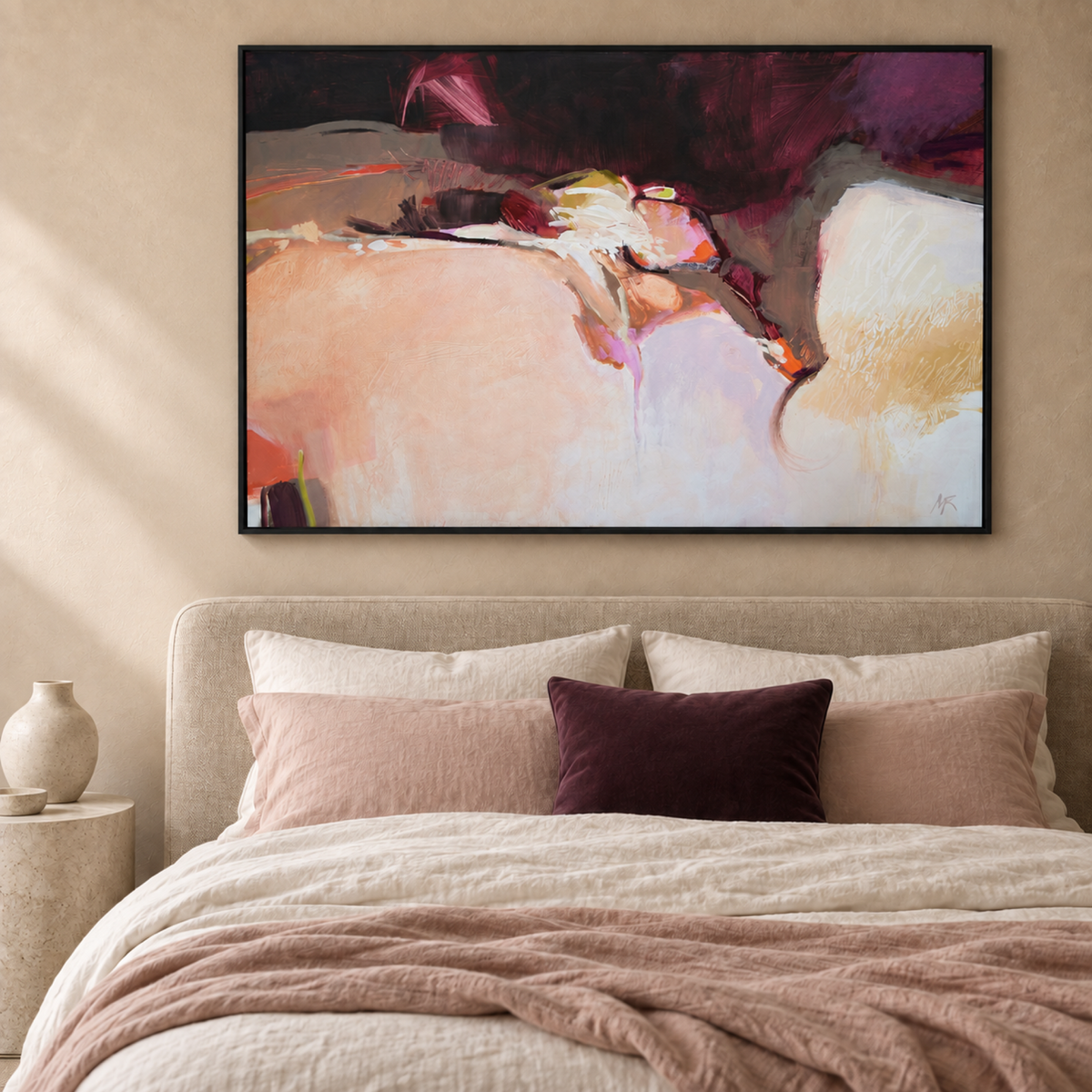 The Loosening Art centred above a contemporary bedroom bedhead
