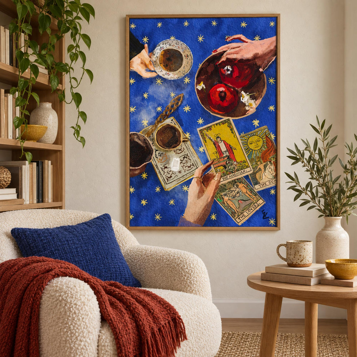 The Magician The Lovers The Sun wall art in a cosy reading corner