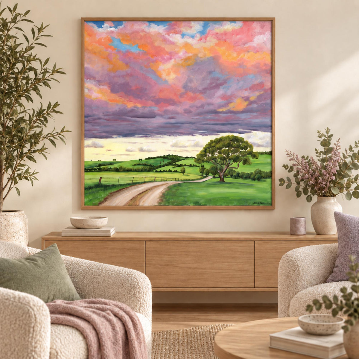 The Tree wall art styled in a cosy contemporary Australian living room, shown without a mat border