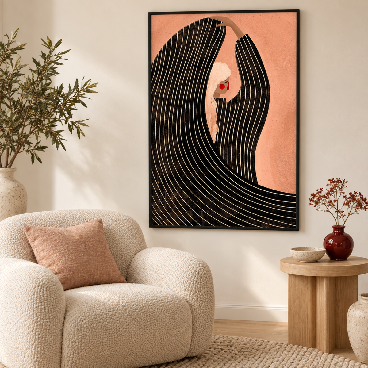 The Woman With the Black Dress wall art in a light contemporary reading corner
