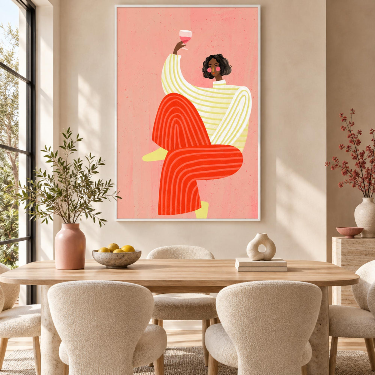 The Woman With The Glass of Wine in a white floating frame in a contemporary dining room