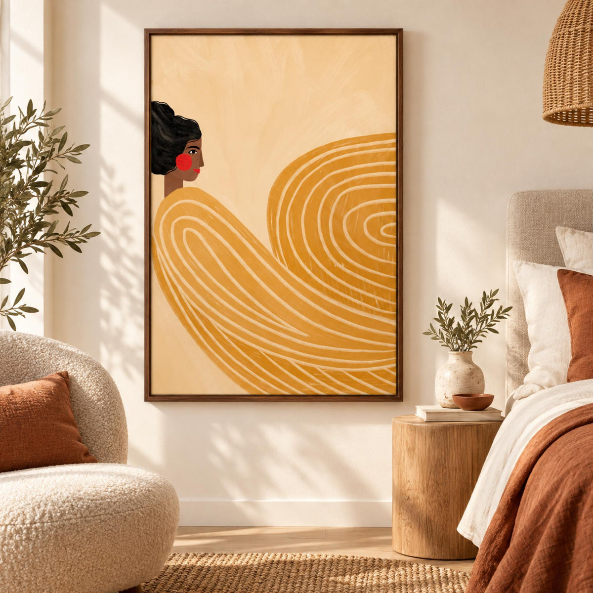 The Woman With The Yellow Stripes wall art styled in a warm contemporary bedroom with no mat border