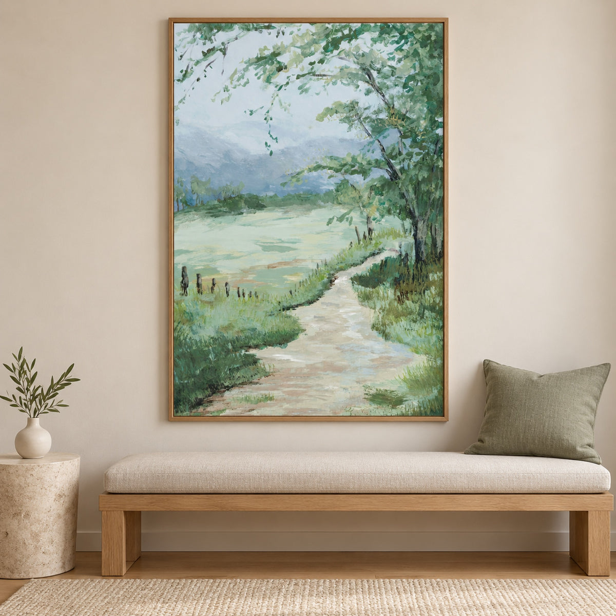 This Way displayed in an oak frame above a pale upholstered bench.
