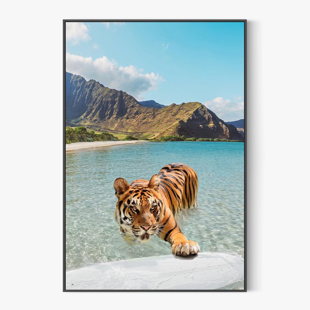 Tiger and Surfboard-by-Gal Pittel-wall-art-print-canvas-poster-framed-Gioia