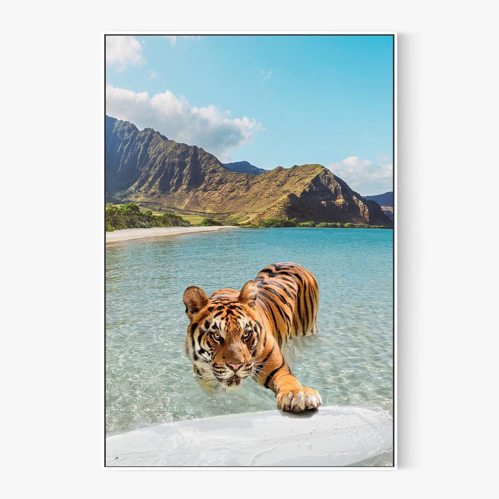 Tiger and Surfboard-by-Gal Pittel-wall-art-print-canvas-poster-framed-Gioia