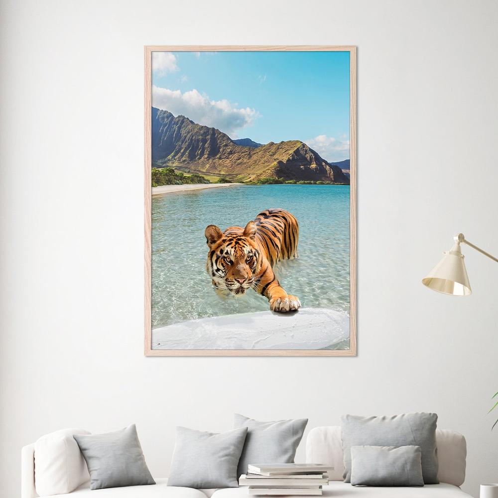 Tiger and Surfboard-by-Gal Pittel-wall-art-print-canvas-poster-framed-Gioia