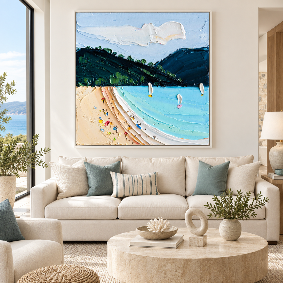 Till The Morning Light in a white floating frame above a contemporary coastal sofa