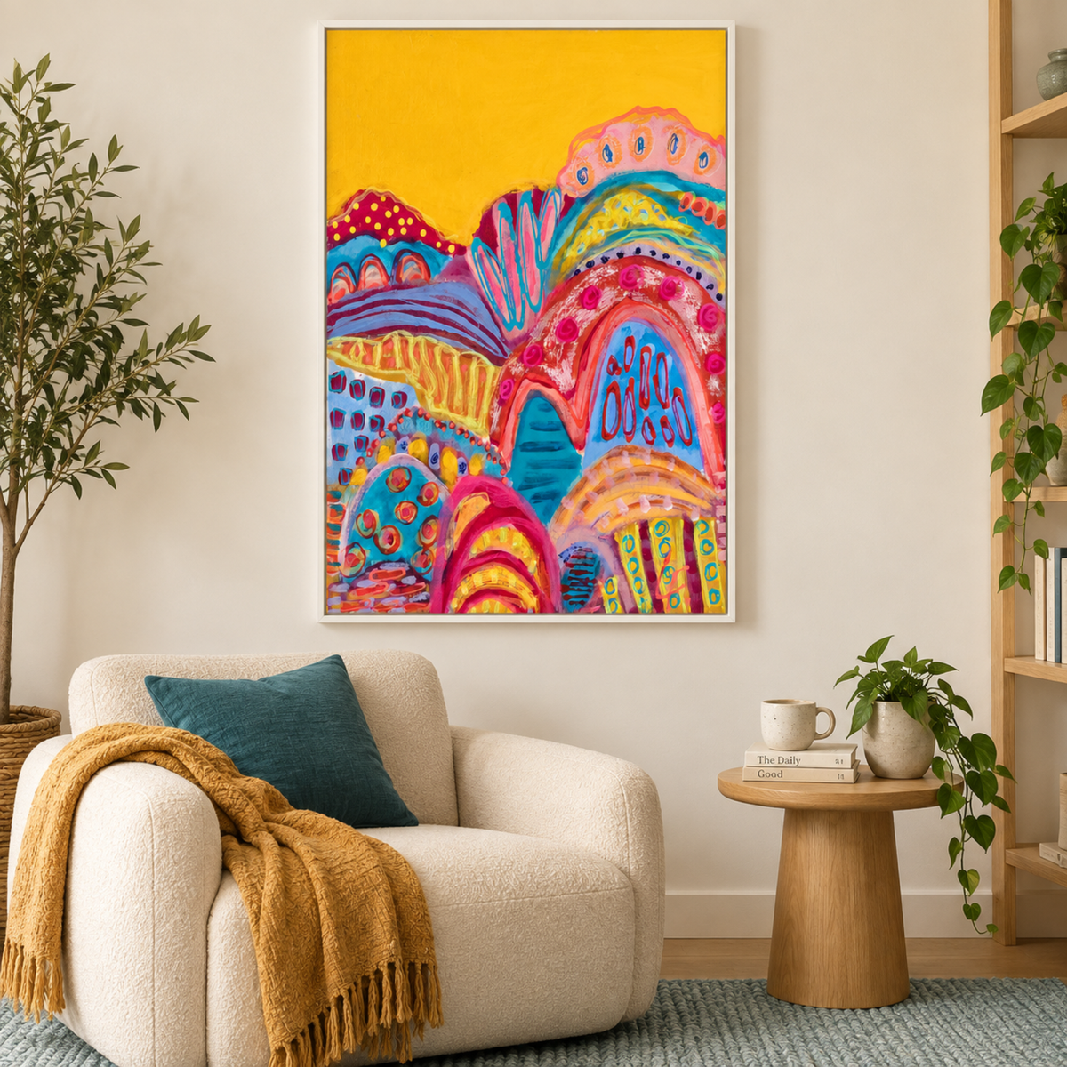 Tropical Rave by Lindy Farley in a white frame above a cream armchair with teal and ochre textiles.