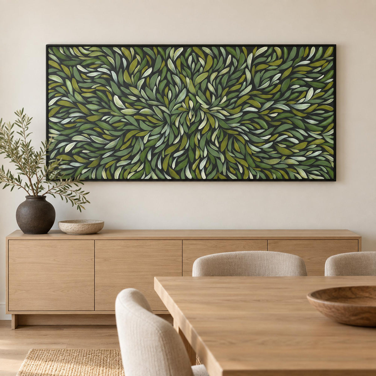 Tumbe Tumbetin Baibaiye, Green healing leaves wall art in a contemporary dining room