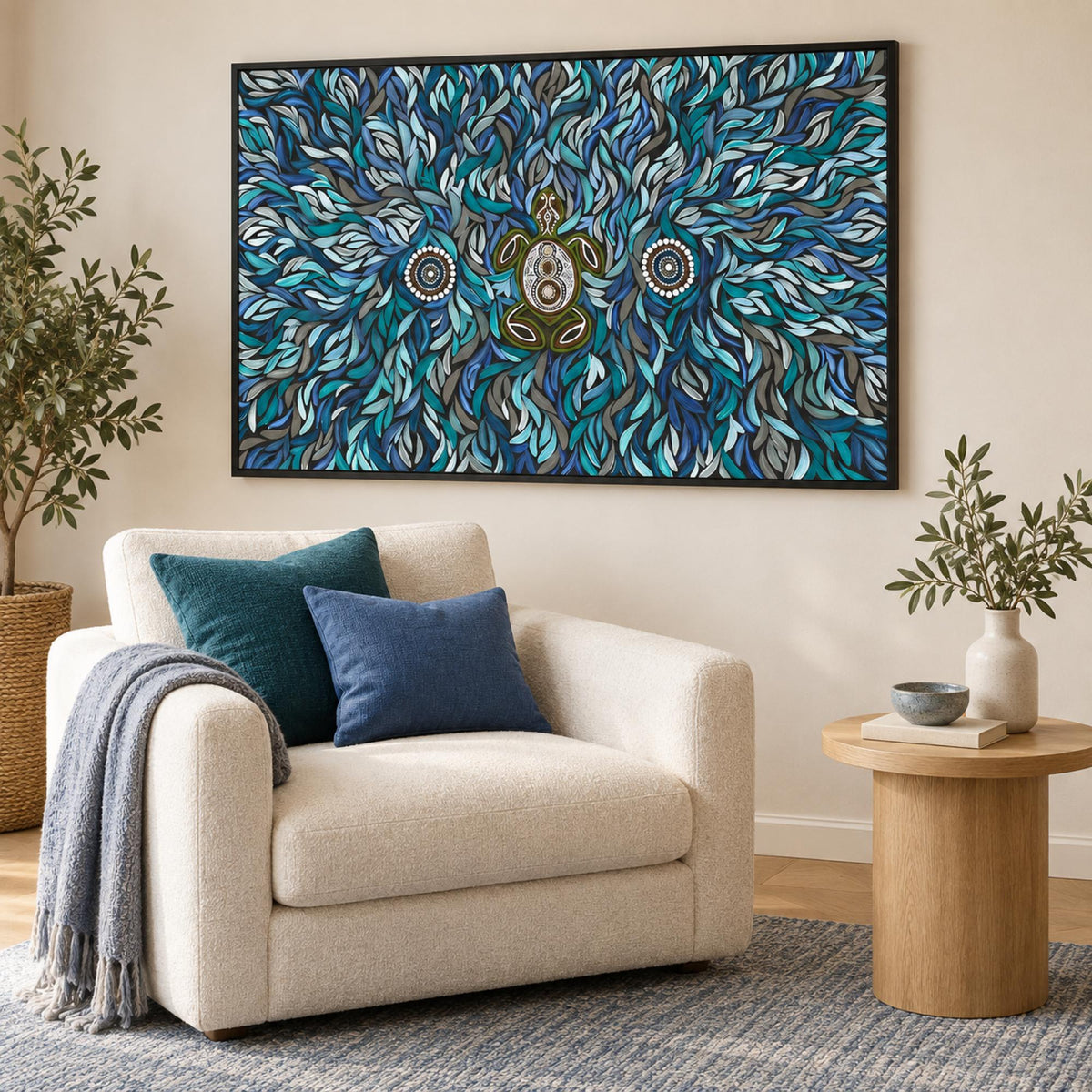 Turtle on life's Journey in deep water dreaming wall art in a contemporary blue and teal reading corner