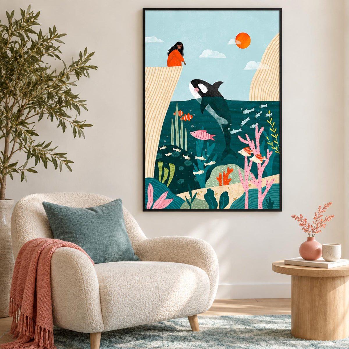 Underwater Scene wall art in a playful contemporary reading corner