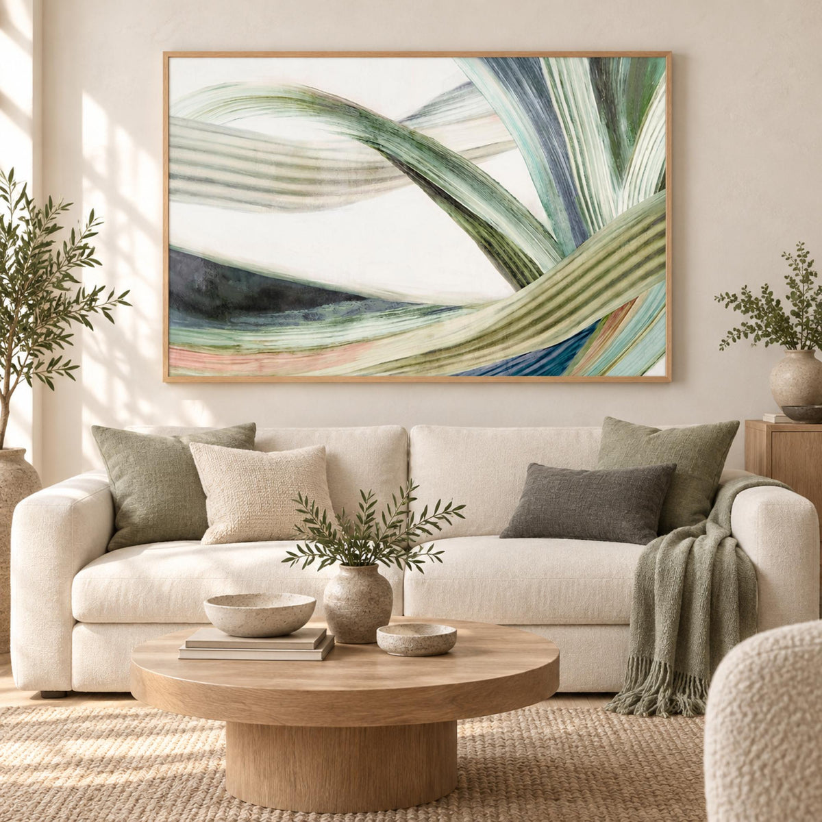 Verdant Stream wall art styled in a calm contemporary living room with no mat border