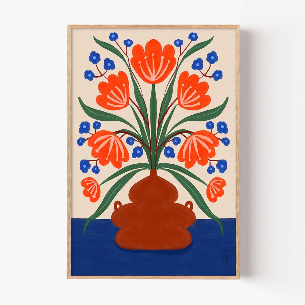 Vibrant Floral Terracotta Vase-by-Dirkie Nell-wall-art-print-canvas-poster-framed-Gioia