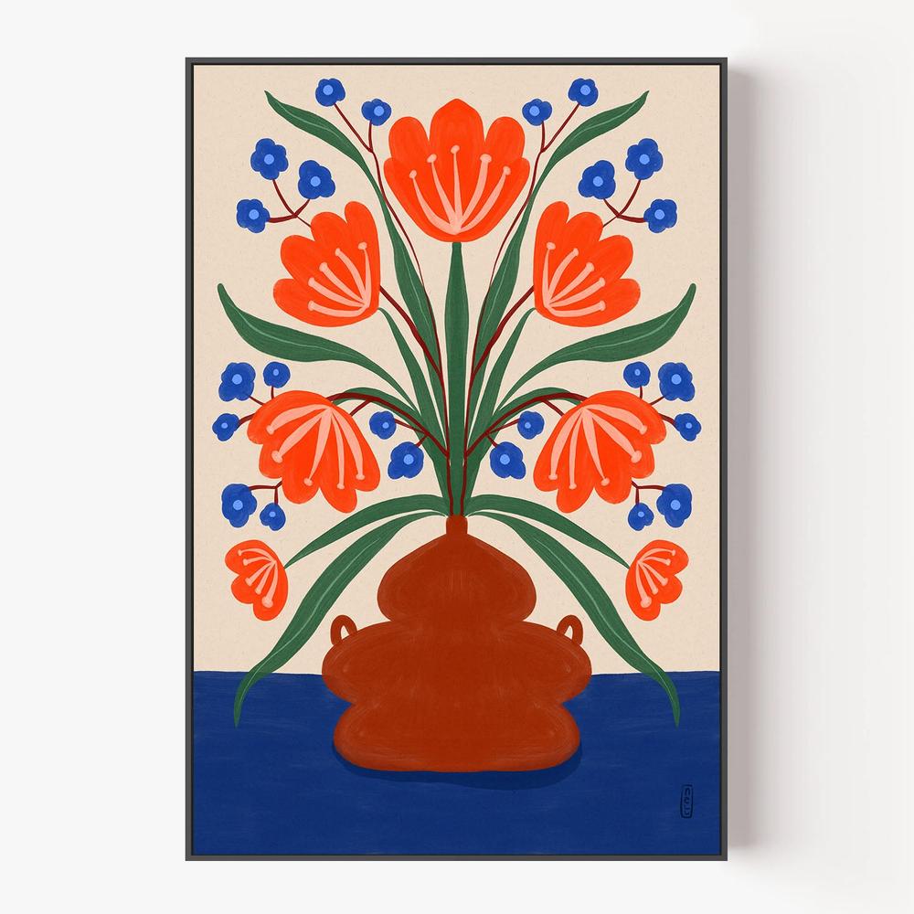 Vibrant Floral Terracotta Vase-by-Dirkie Nell-wall-art-print-canvas-poster-framed-Gioia