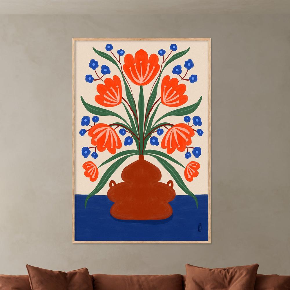 Vibrant Floral Terracotta Vase-by-Dirkie Nell-wall-art-print-canvas-poster-framed-Gioia