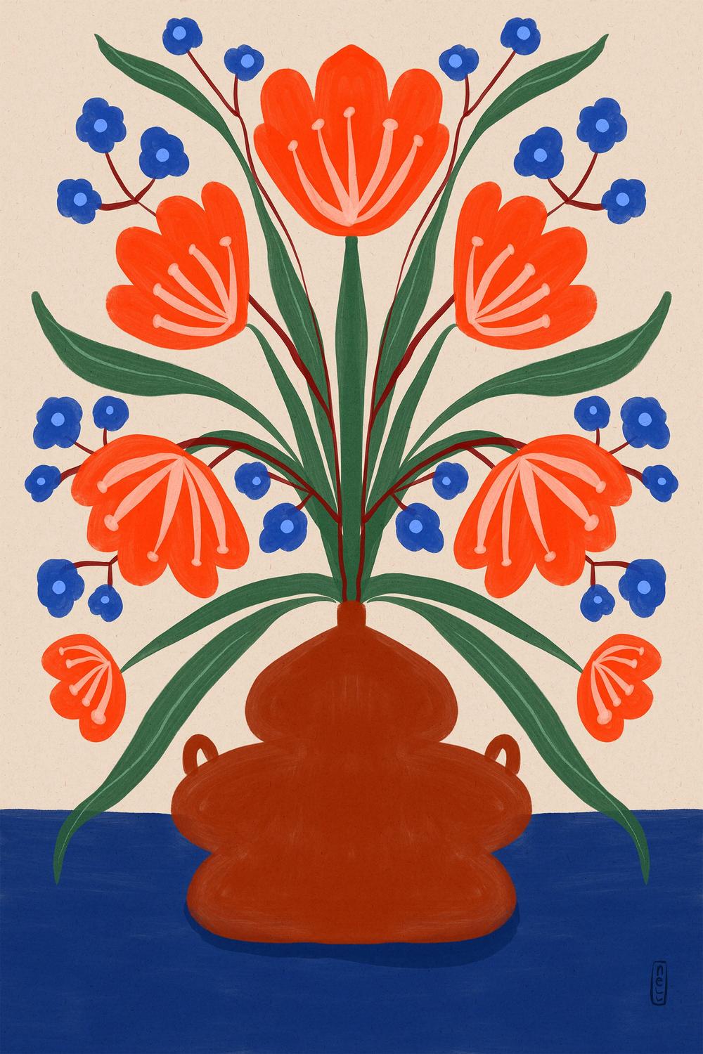 Vibrant Floral Terracotta Vase-by-Dirkie Nell-wall-art-print-canvas-poster-framed-Gioia