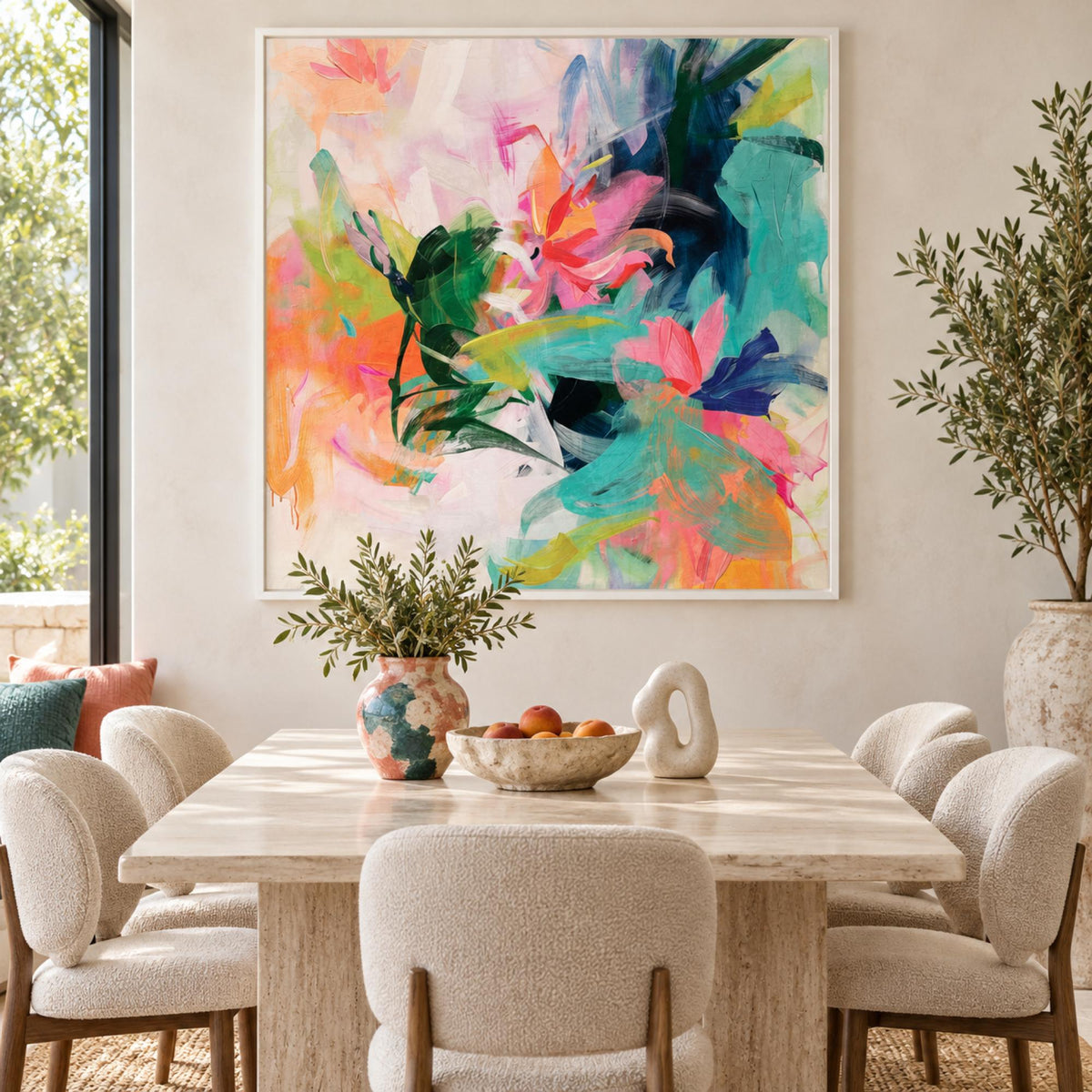 Vibrant Whimsy, Style A in a white floating frame in a contemporary dining room