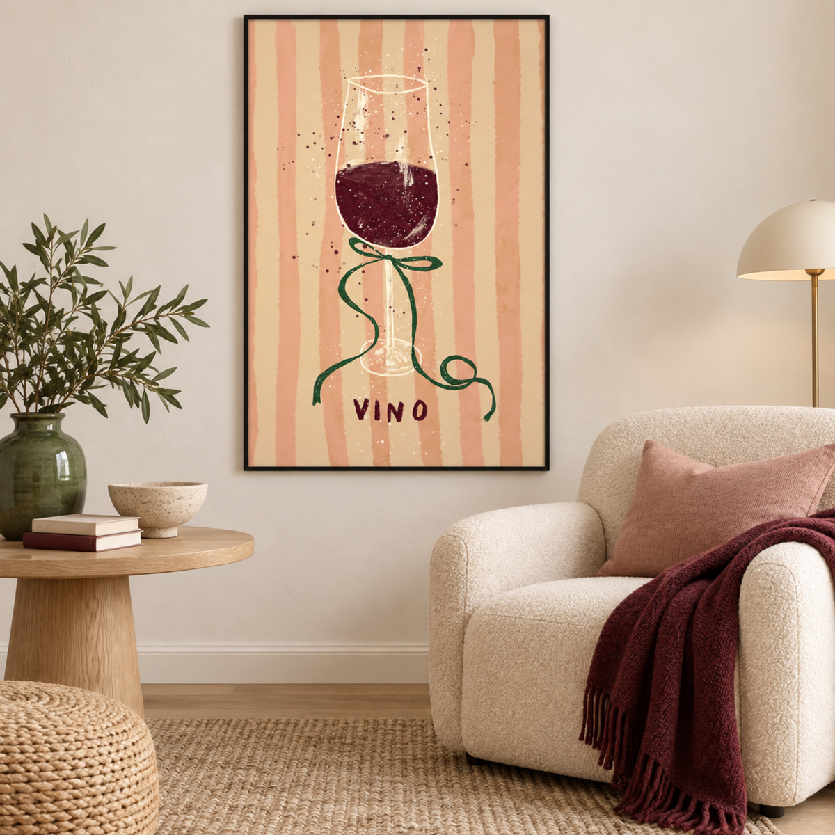 Vino wall art in a playful contemporary reading corner