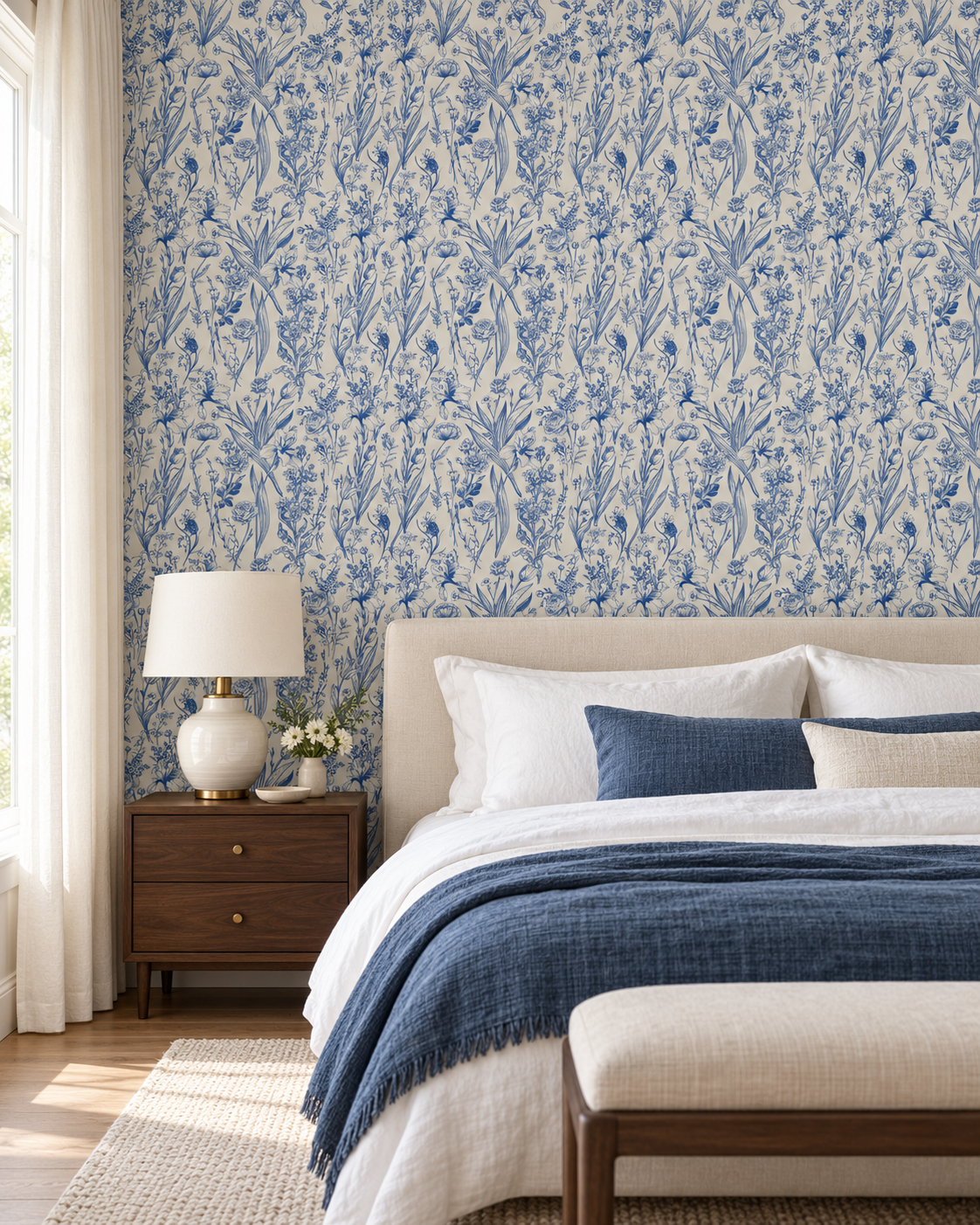 Vintage Blue Florals wallpaper in an elegant modern bedroom with ivory and indigo linen