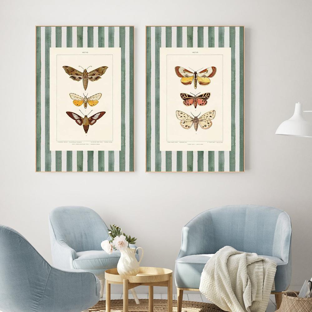 Vintage Moths Stripe, Style A & B, Set Of 2-by-Wild Apple Portfolio-wall-art-print-canvas-poster-framed-Gioia