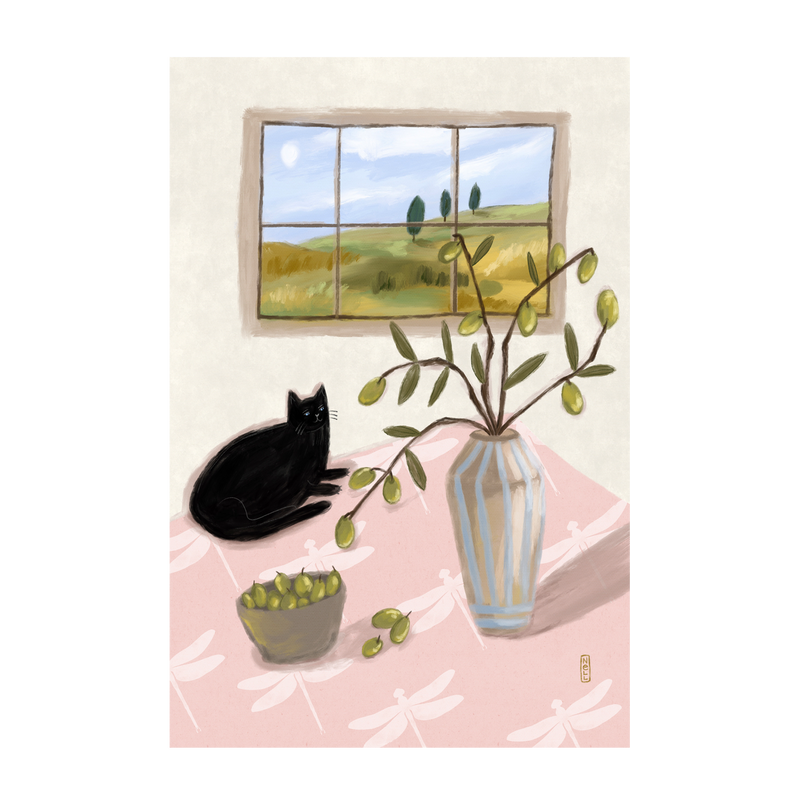 wall-art-print-canvas-poster-framed-A Cat And Olives , By Lia Nell-GIOIA-WALL-ART