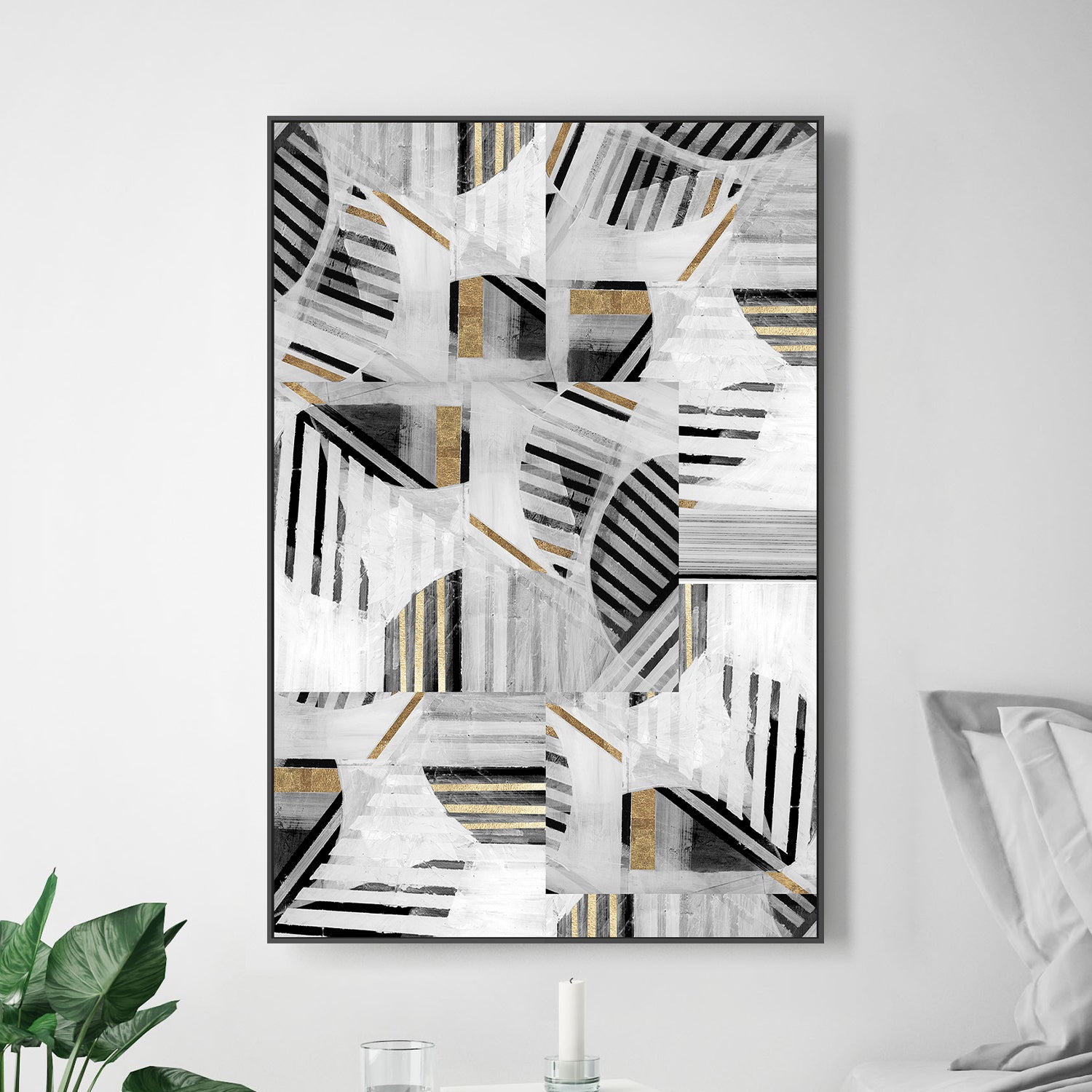 wall-art-print-canvas-poster-framed-Abstract Back White Gold , Style A-2