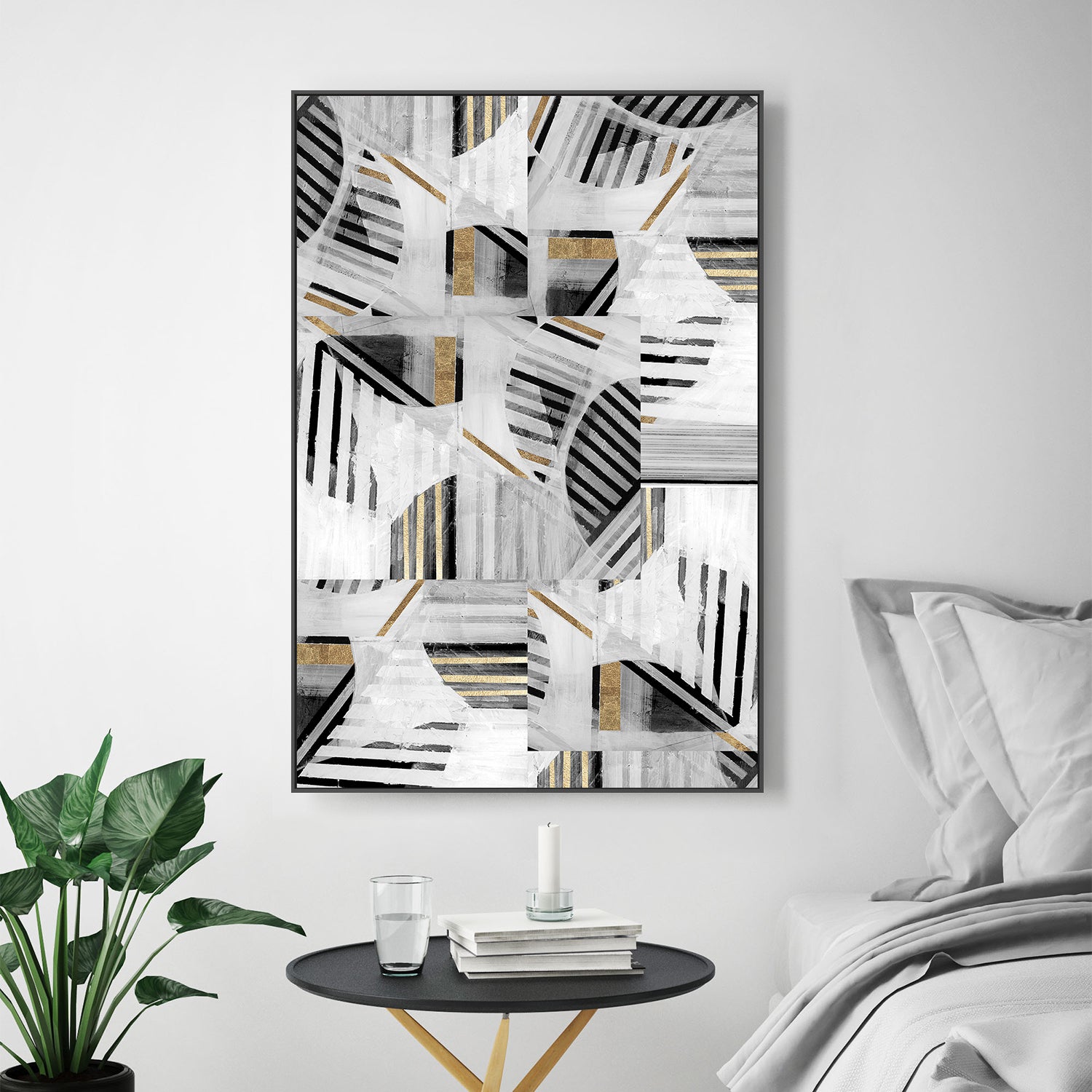 wall-art-print-canvas-poster-framed-Abstract Back White Gold , Style A-7