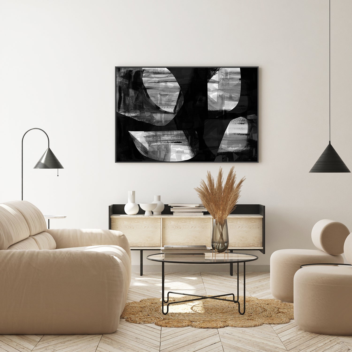 wall-art-print-canvas-poster-framed-Abstract Black Night Shapes, Style C-7