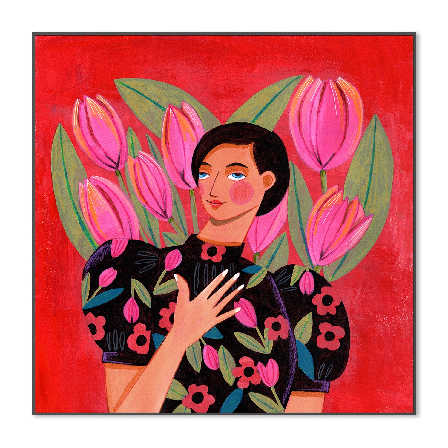 wall-art-print-canvas-poster-framed-Abstract Modern Portrait Woman with Tulips-3