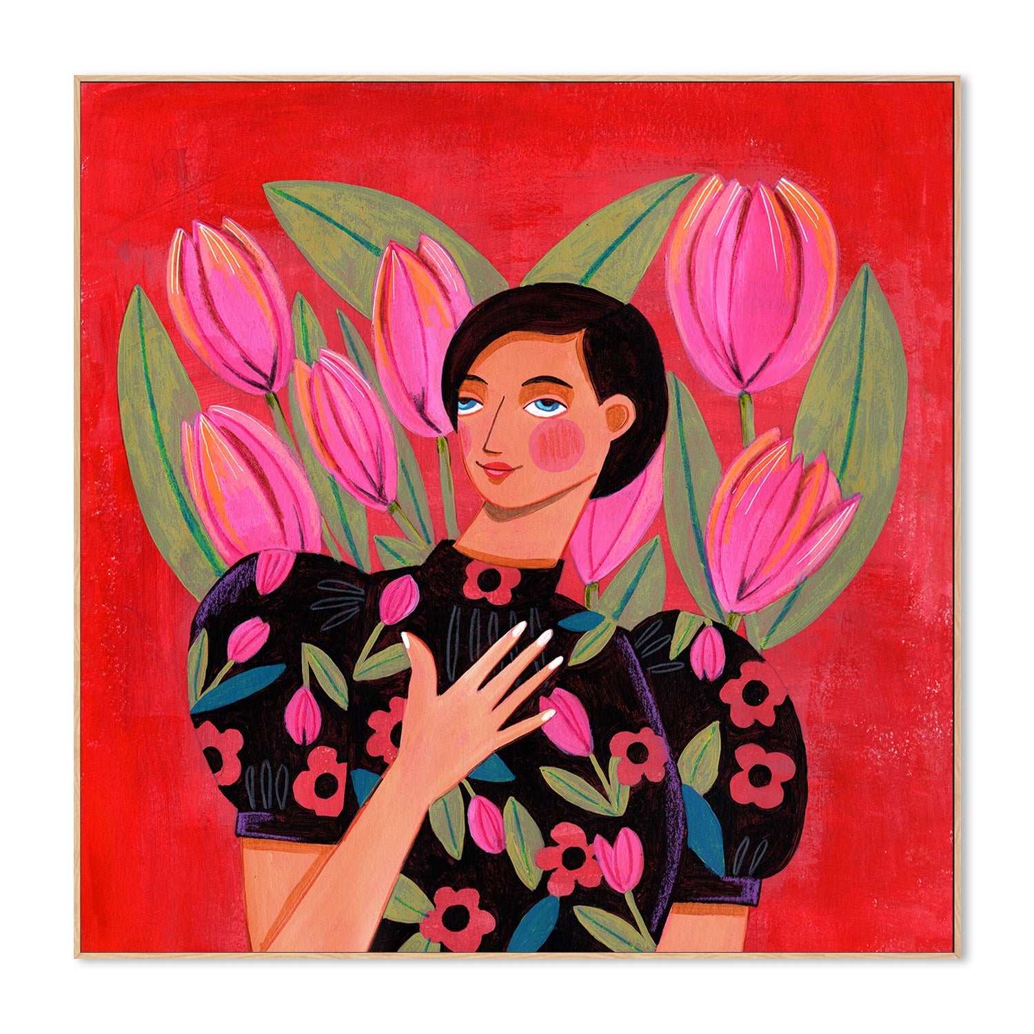 wall-art-print-canvas-poster-framed-Abstract Modern Portrait Woman with Tulips-4
