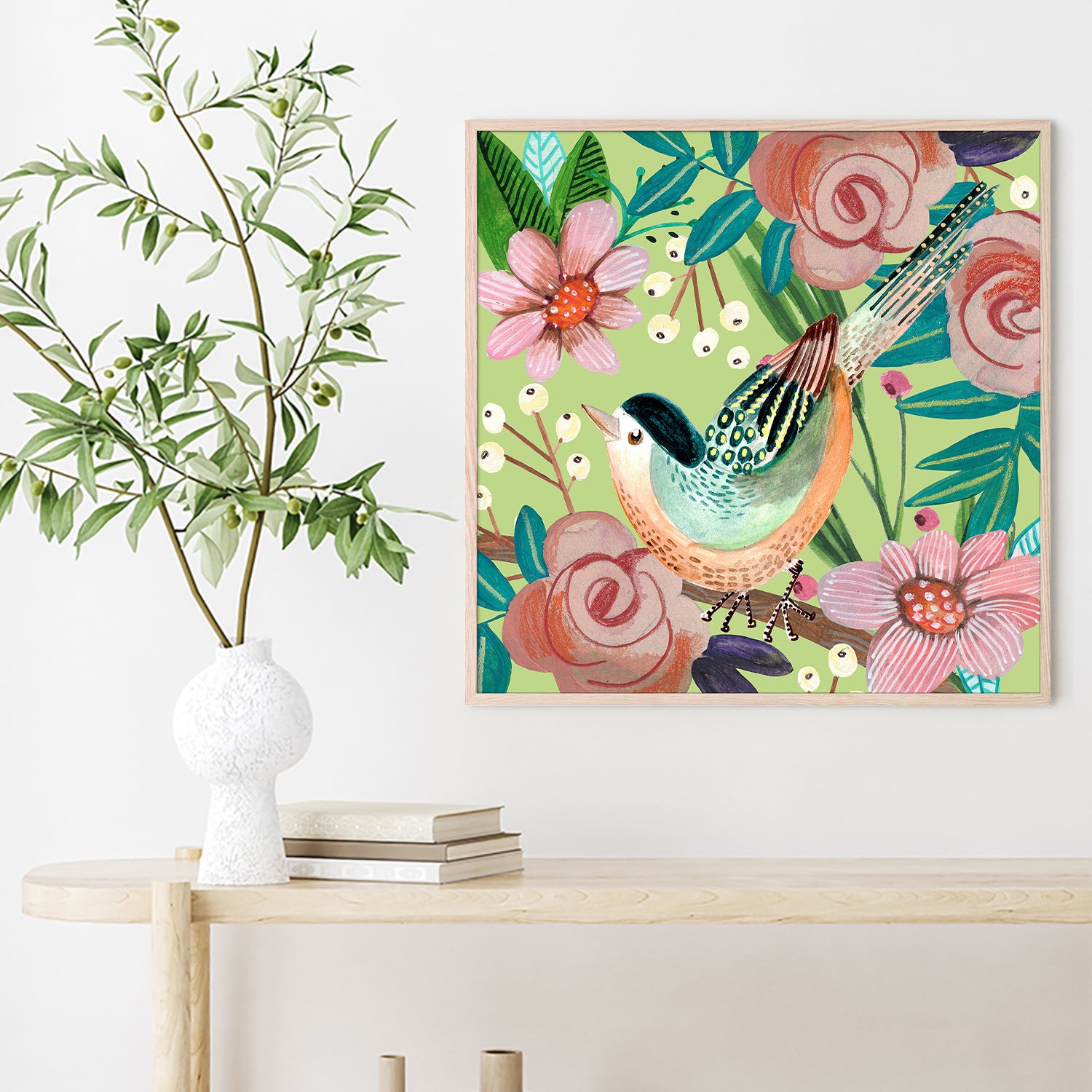 wall-art-print-canvas-poster-framed-Bird and Flowers, Style A-2