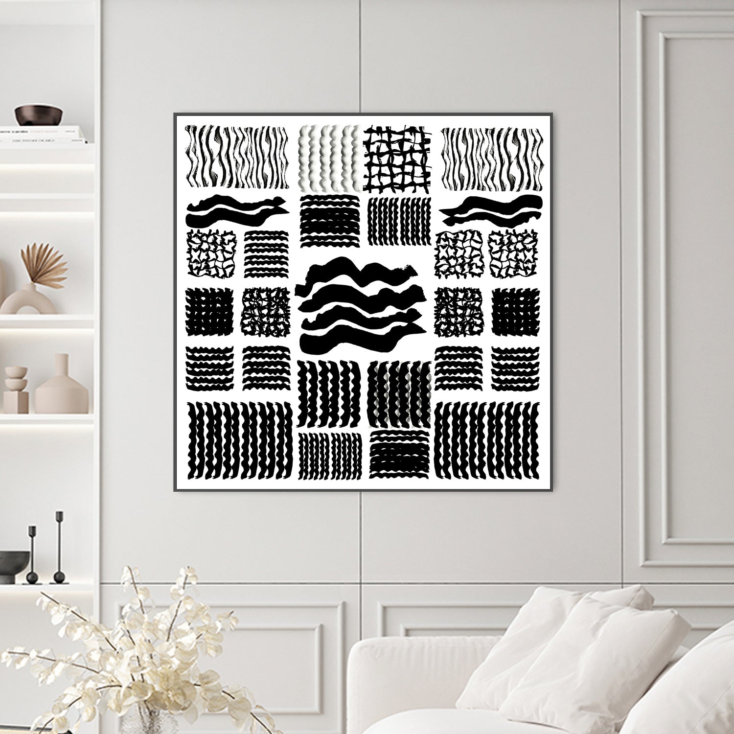 wall-art-print-canvas-poster-framed-Black and White Squiggle Grid, Style A-2