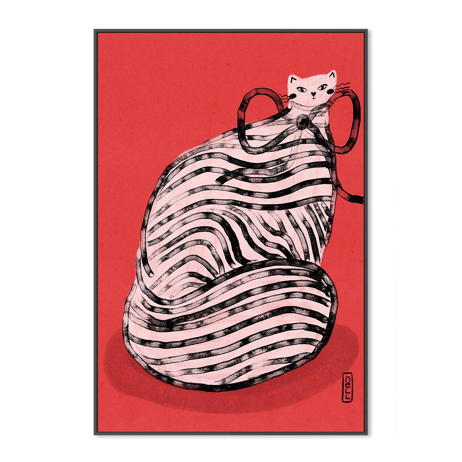 wall-art-print-canvas-poster-framed-Black and White Stripe Cat Illustration Poster-3