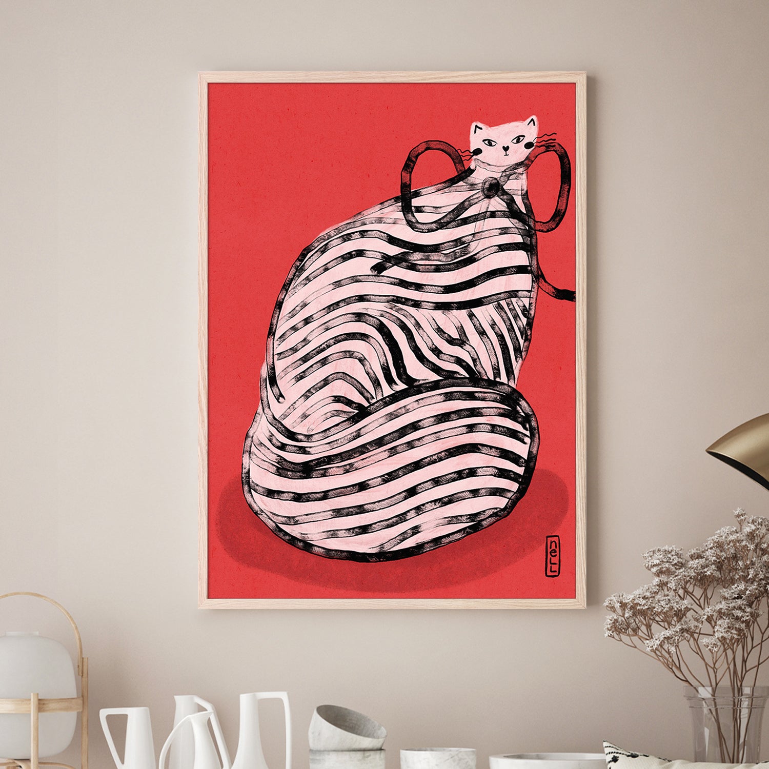 wall-art-print-canvas-poster-framed-Black and White Stripe Cat Illustration Poster-7
