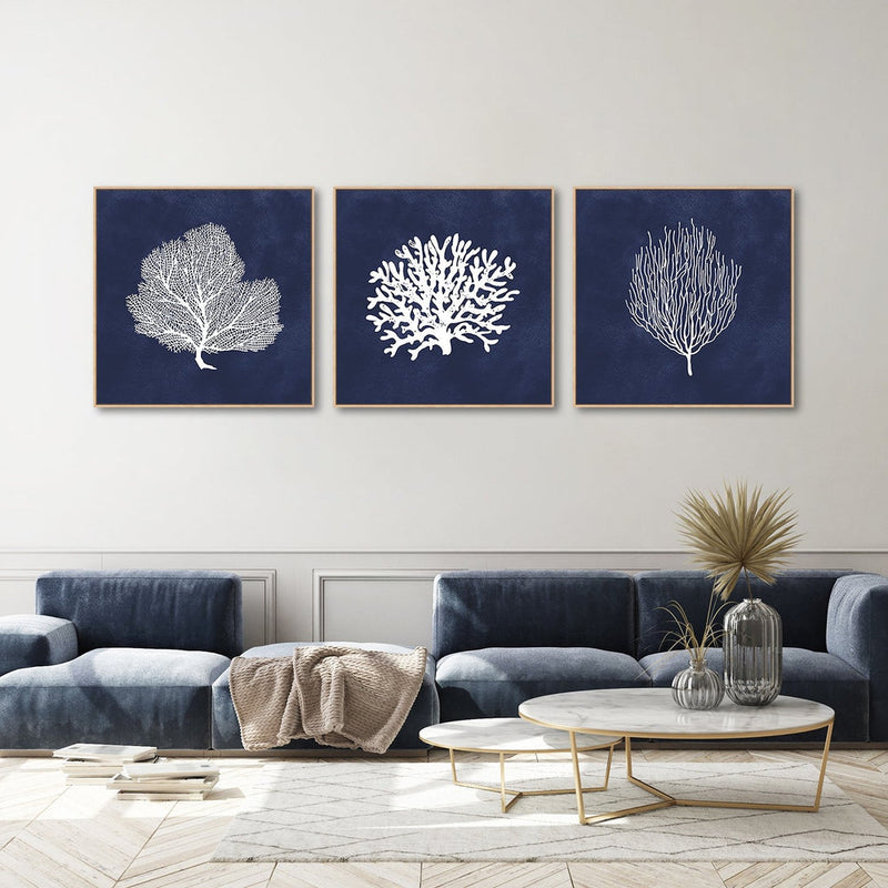 wall-art-print-canvas-poster-framed-Blue Coral, Set Of 3-by-Gioia Wall Art-Gioia Wall Art
