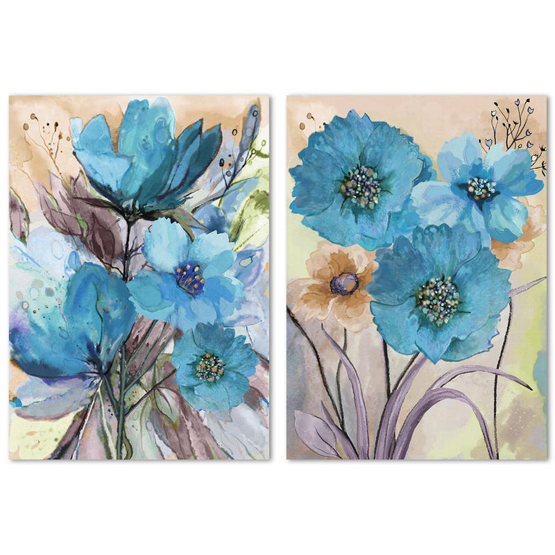 wall-art-print-canvas-poster-framed-Blue Flowers, Watercolour Painting, Set Of 2-by-Gioia Wall Art-Gioia Wall Art