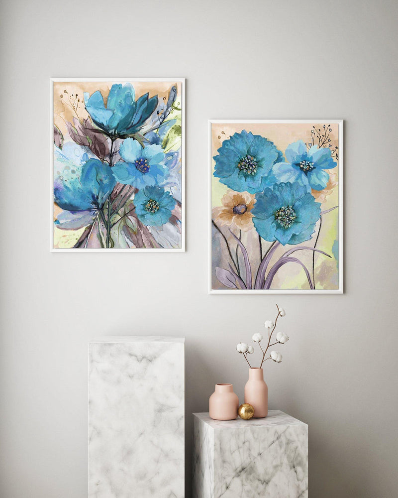 wall-art-print-canvas-poster-framed-Blue Flowers, Watercolour Painting, Set Of 2-by-Gioia Wall Art-Gioia Wall Art