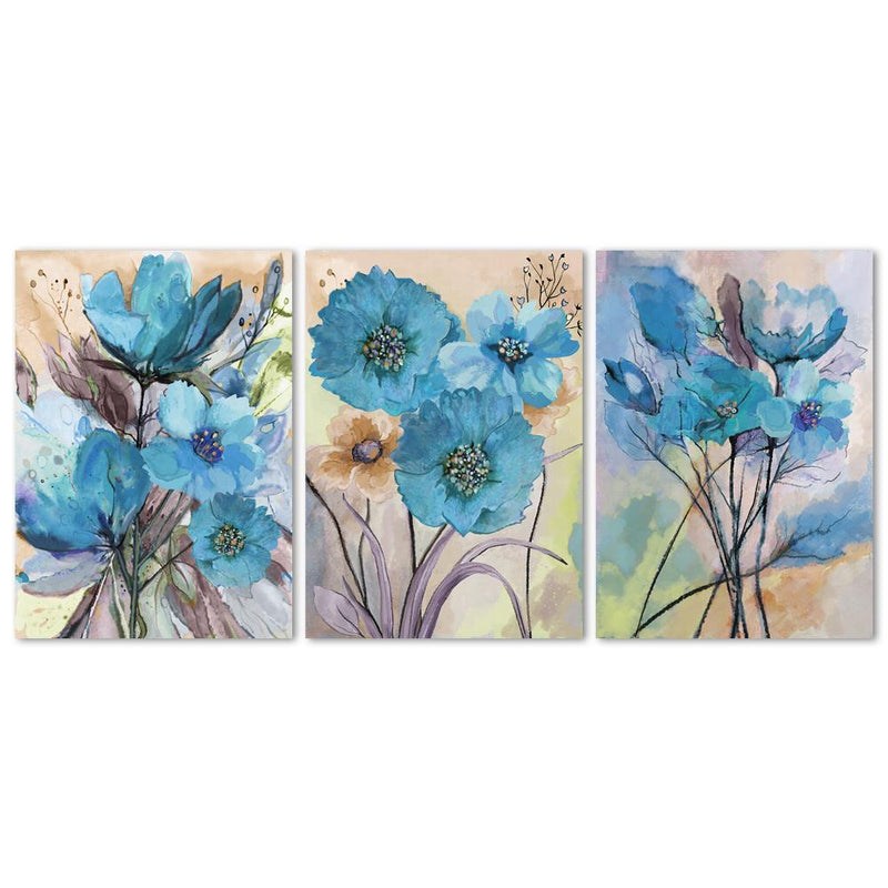 wall-art-print-canvas-poster-framed-Blue Flowers, Watercolour Painting, Set Of 3-by-Gioia Wall Art-Gioia Wall Art