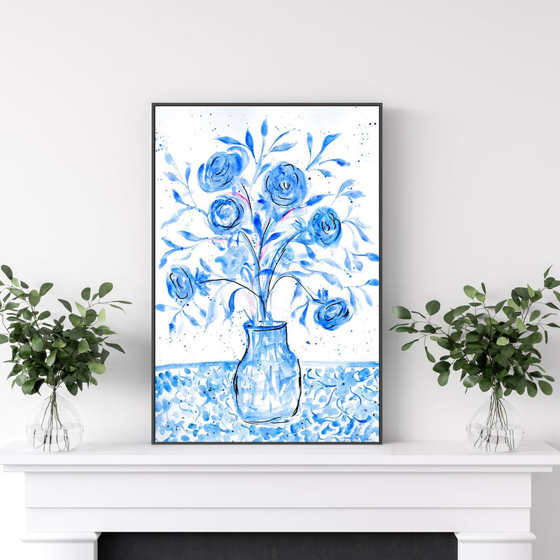 wall-art-print-canvas-poster-framed-Blue Vase Of Flowers , By Nadar Musa-GIOIA-WALL-ART