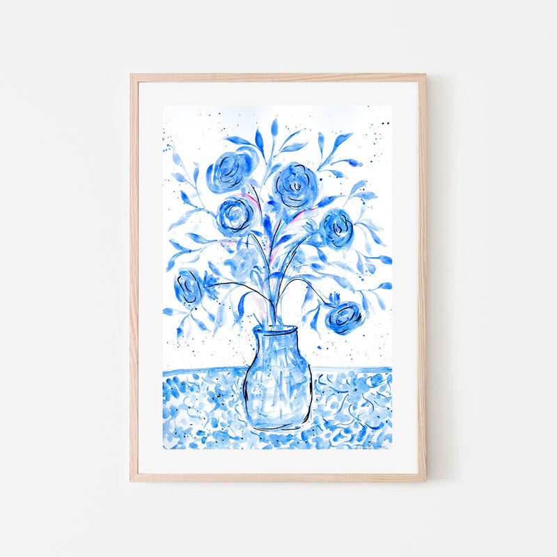 wall-art-print-canvas-poster-framed-Blue Vase Of Flowers , By Nadar Musa-GIOIA-WALL-ART