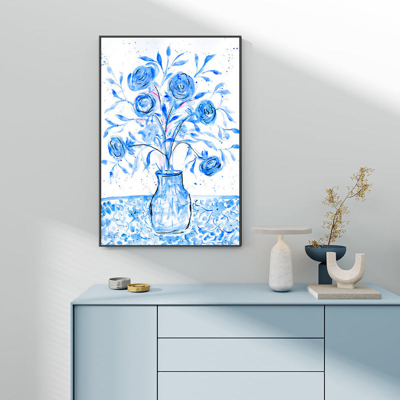 wall-art-print-canvas-poster-framed-Blue Vase Of Flowers , By Nadar Musa-GIOIA-WALL-ART