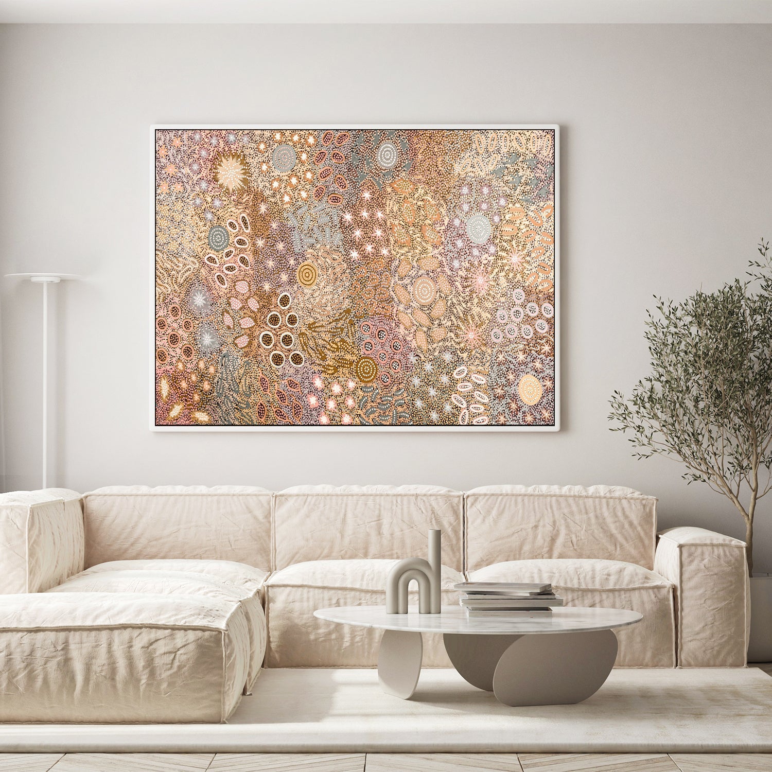wall-art-print-canvas-poster-framed-Body Painting Ceremony, Peachy Tones , By Michelle Possum Nungurrayi-2