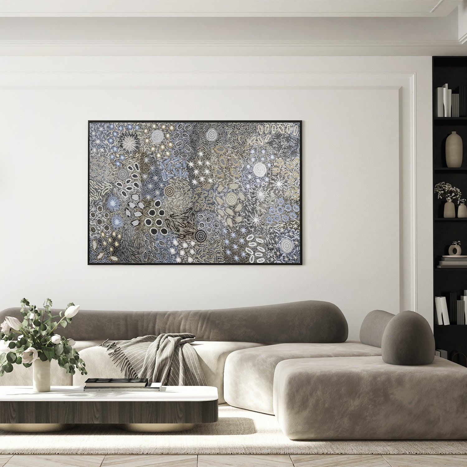 wall-art-print-canvas-poster-framed-Body Painting Ceremony, Steel Blue Tones , By Michelle Possum Nungurrayi-2