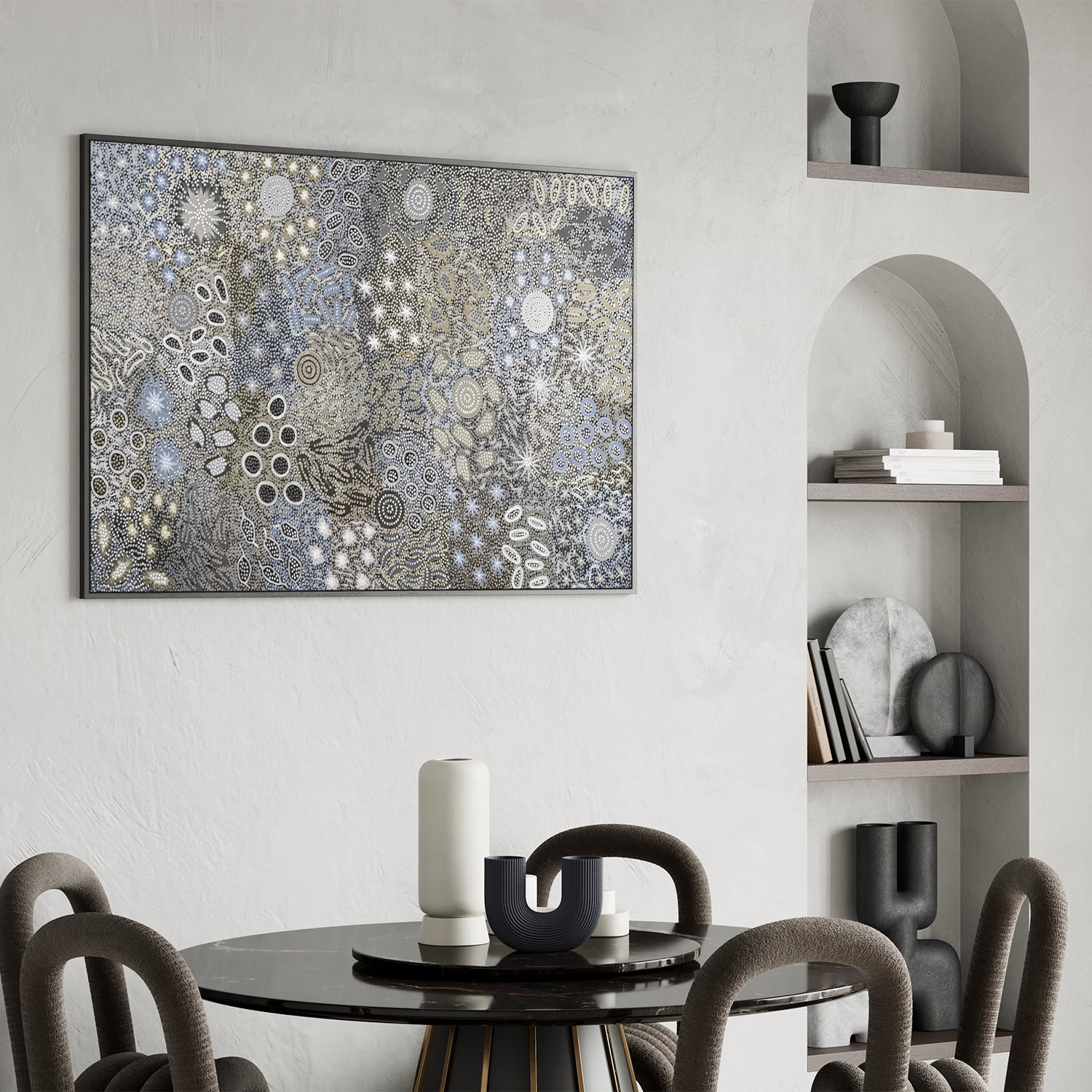 wall-art-print-canvas-poster-framed-Body Painting Ceremony, Steel Blue Tones , By Michelle Possum Nungurrayi-7